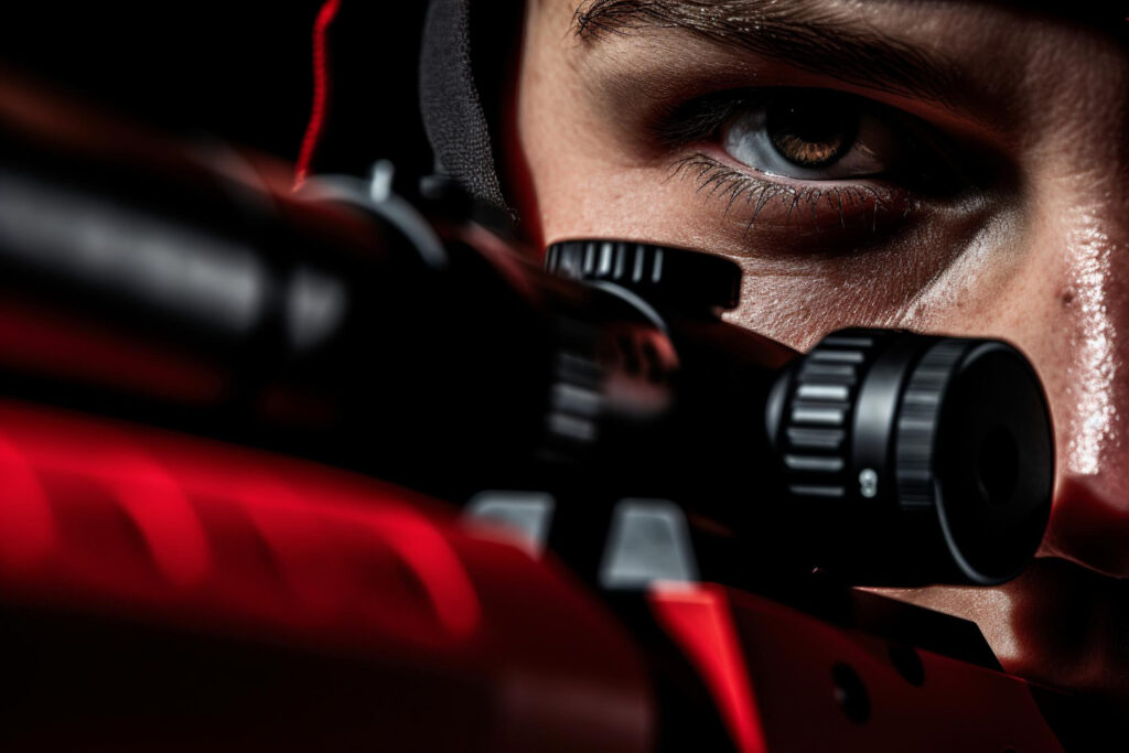 Visores Enfoque Absoluto: La Clave del Tirador de Precisión Primer plano del ojo de un tirador alineado con el visor de su rifle, ilustrando la concentración y precisión en el tiro deportivo.