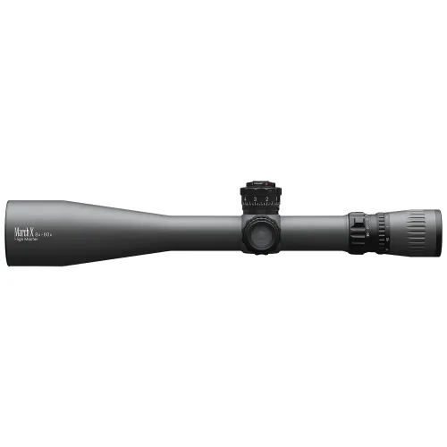 Imagen del visor March 8x-80x56 HM Wide Angle Majesta con Turrets Shuriken, destacando su cuerpo gris oscuro y turrets negros, símbolo de precisión y calidad.
